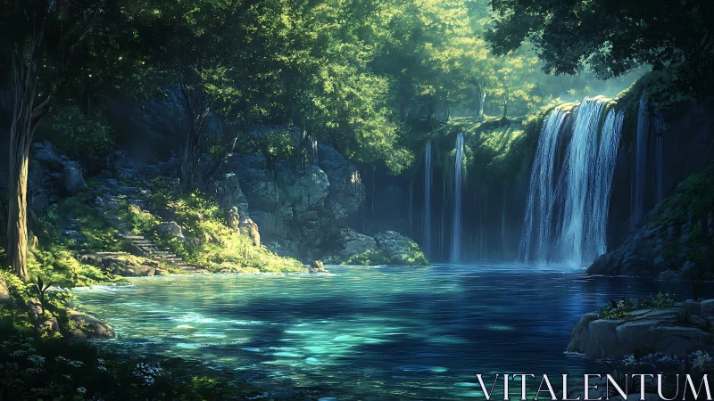 Luminous forest waterfall over tranquil turquoise pool.