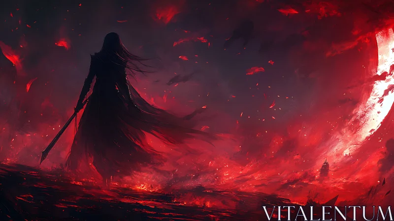 Lone dark warrior surveys a burning crimson apocalypse.