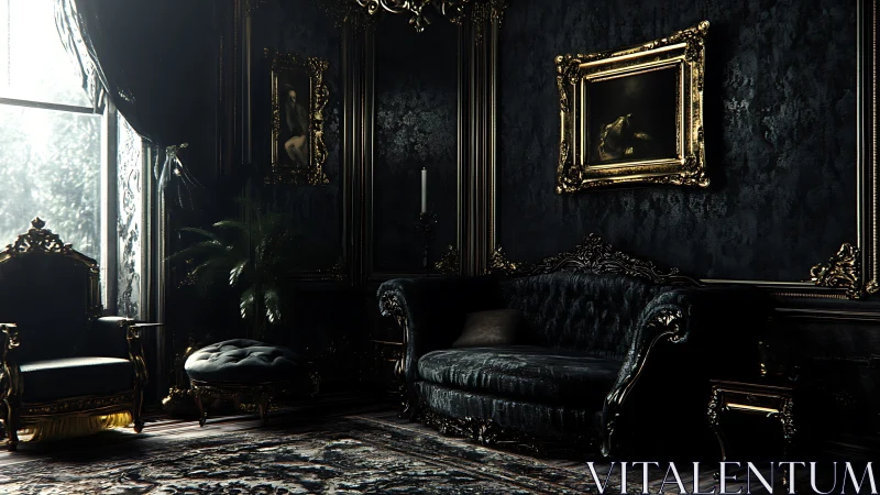 Baroque noir salon with gilded frames and moody side light.
