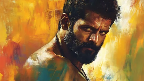 Intense bearded man portrait in bold warm painted colors.
