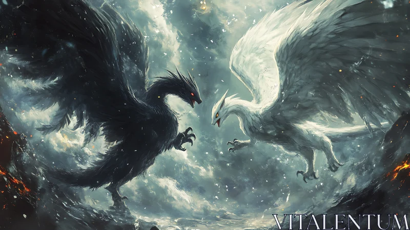 Mythic black and white phoenixes clash in storm sky