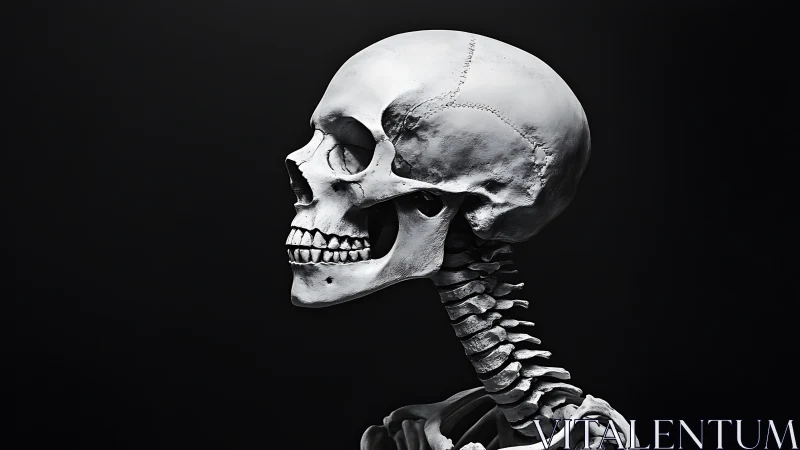 Lateral profile view of human skull and cervical vertebrae model.