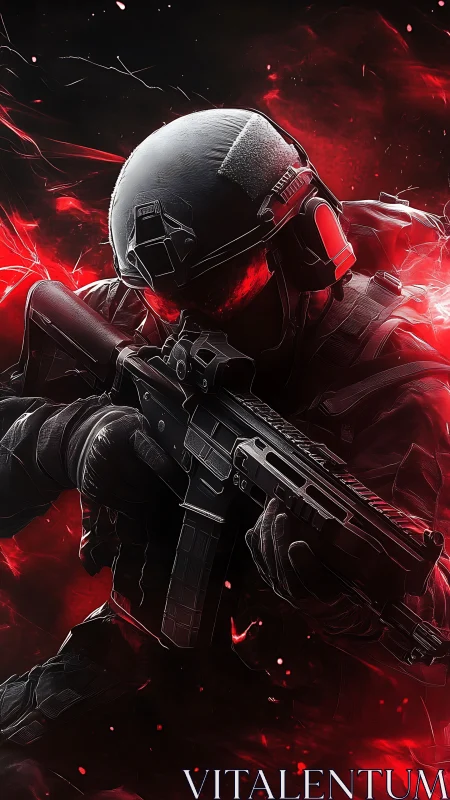 Futuristic tactical soldier with rifle in red combat glow.