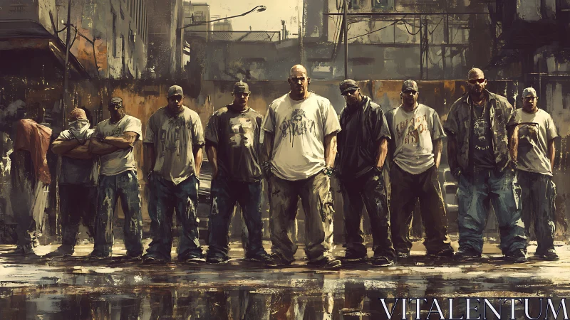 Urban brotherhood holds the line in rain glazed alleyway.