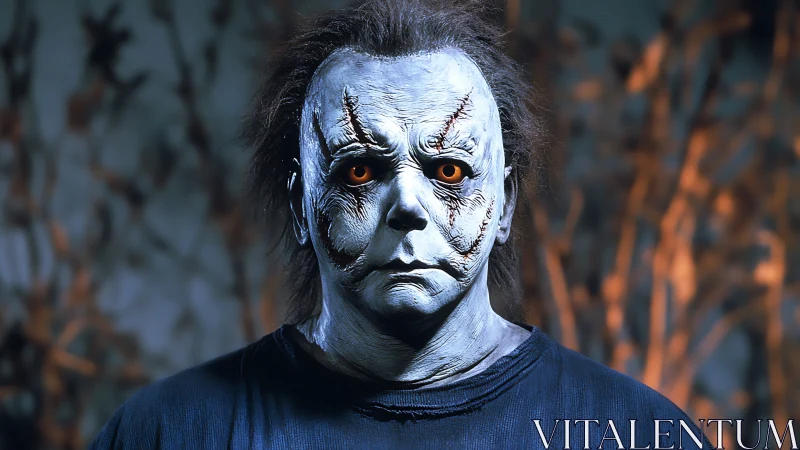 Masked horror figure with glowing orange eyes portrait.