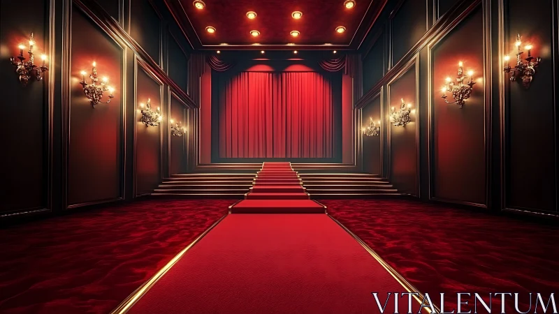 Red carpet staircase leads to closed stage curtain in theater