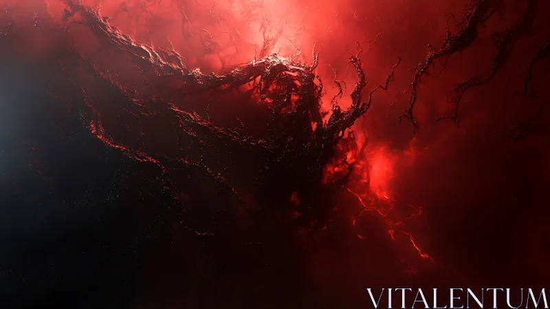 Blood-red cosmic nebula with dark tendril vortex center.