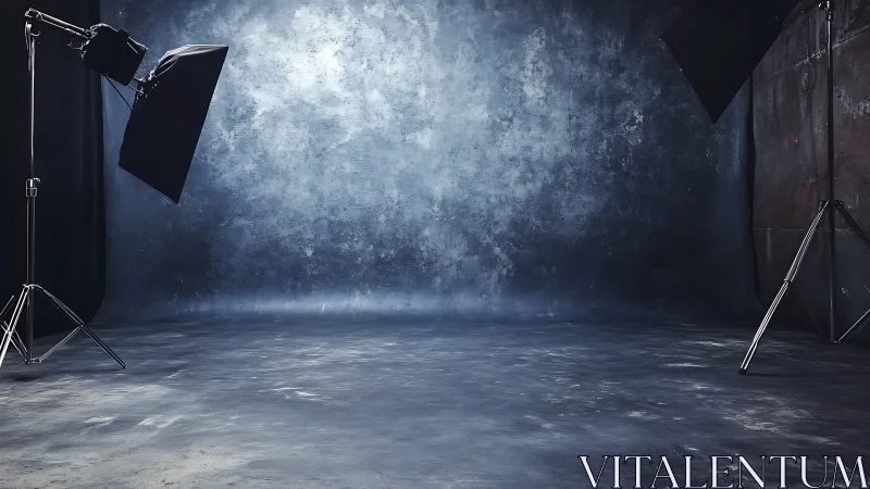 Industrial portrait studio with softbox lighting rigged symmetrically.