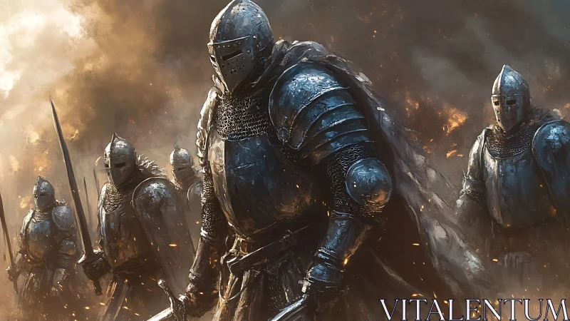 Steel-clad warband strides through embers of a dying battlefield.