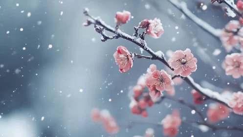 Frost-Laden Cherry Blossoms Against Snowfall in Soft Focus