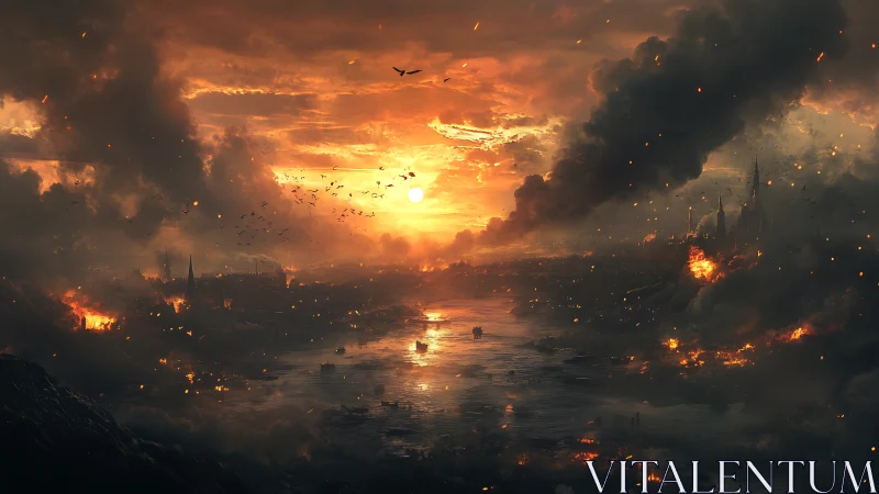 Apocalyptic Cityscape Engulfed in Flames and Smoke