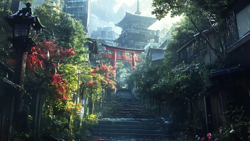 Rain-soaked shrine steps rise quietly through neon-lit city