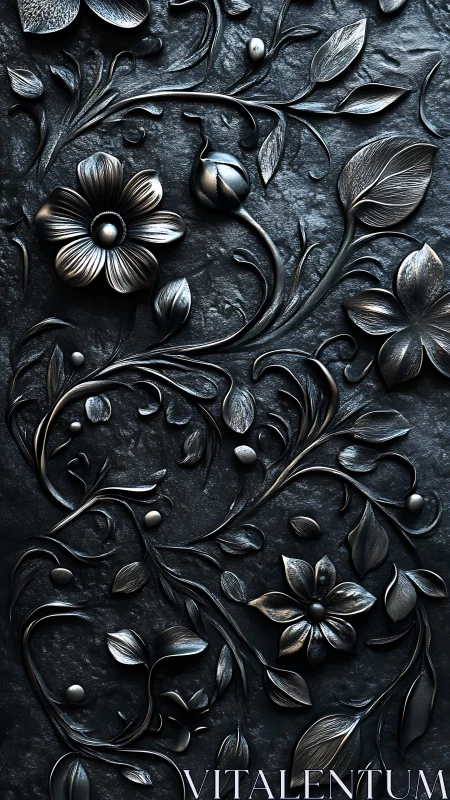 Embossed Metal Floral Sculpture. Dark Relief Composition.