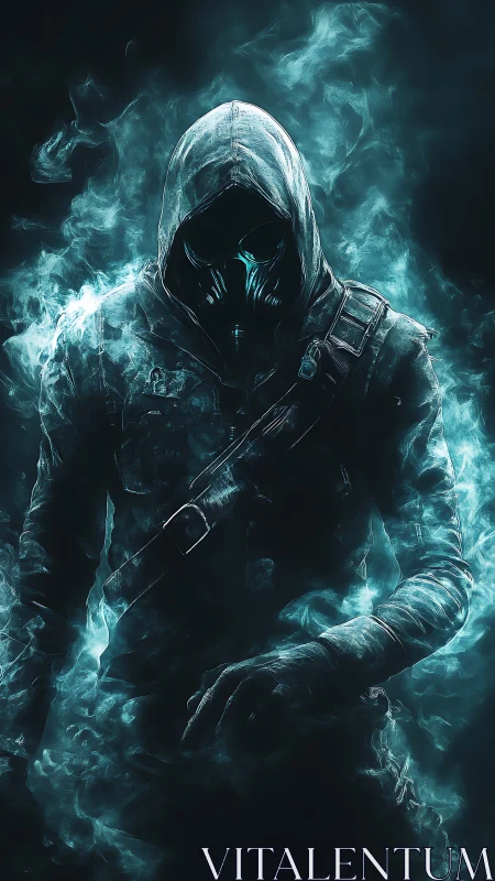 Hooded masked figure emerging from glowing blue smoke.