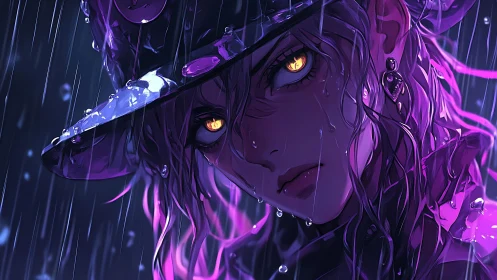 Stormlit gaze of a violet‑haired hunter in neon rain.