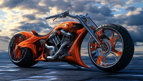 Futuristic orange custom chopper rendered in hyperreal detail