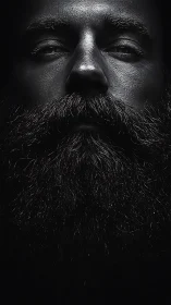 Monochrome close-up isolates textured skin and dense beard