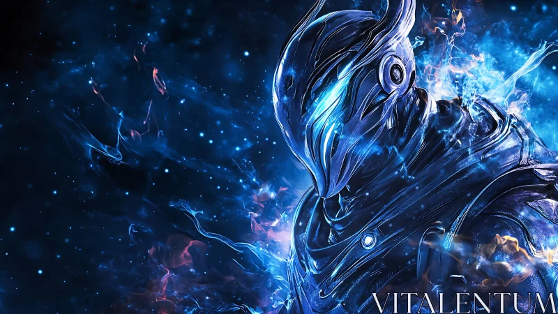 Galactic warrior glows in swirling blue and cosmic flame