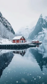 Red cabins by snowy fjord surrounded by steep mountains.