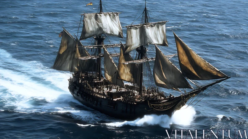 Three-masted square-rigged galleon under full sail in open sea