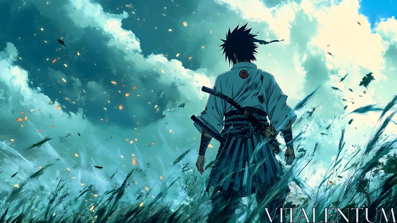 Samurai silhouette amid storm-swept field under teal sky.