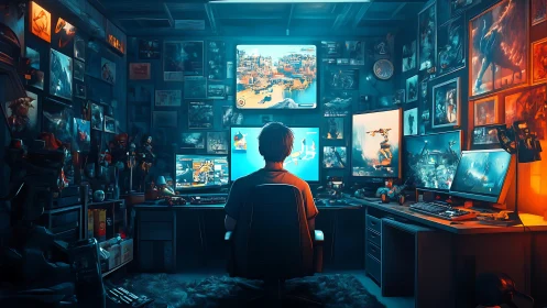 Person monitors multiple screens in dim, dual-tone workspace