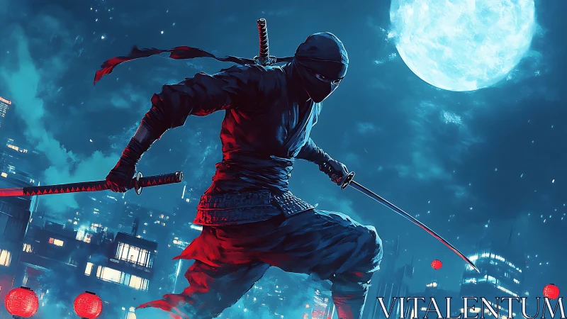 Ninja with dual katanas crouches over neon city skyline at night