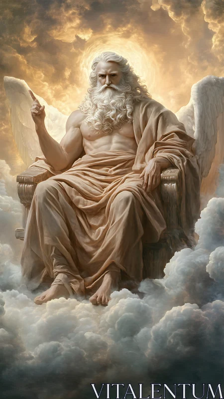 Powerful bearded deity seated on a glowing cloud throne.