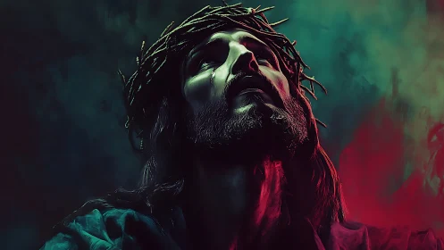 Somber digital portrait of man with thorn crown at night.