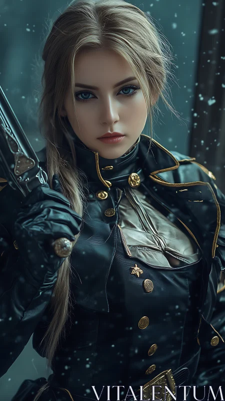 Stoic female soldier in ornate black winter uniform.