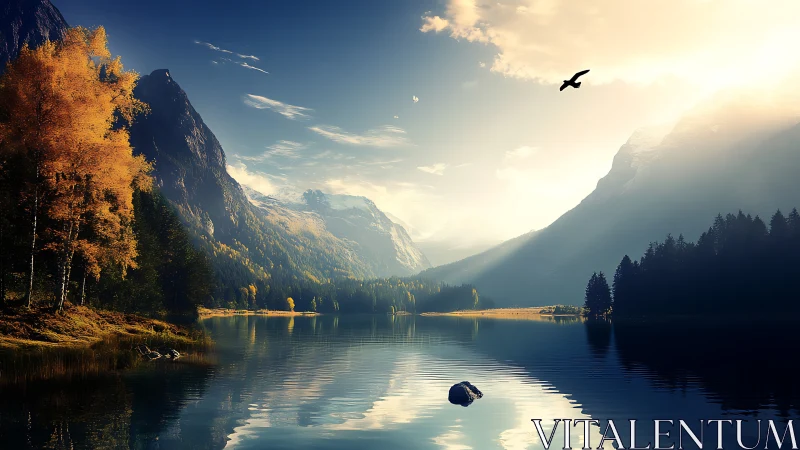 Autumn alpine lake reflects sunlit peaks in cinematic clarity