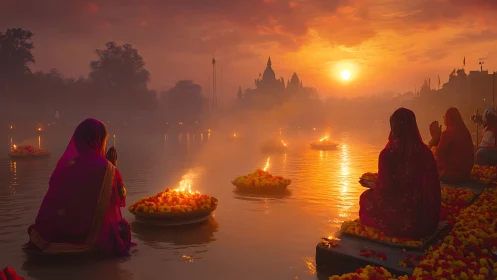 River of ember prayers under a mist drenched saffron sky.