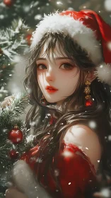 Festive anime girl in red Santa outfit by Christmas tree.