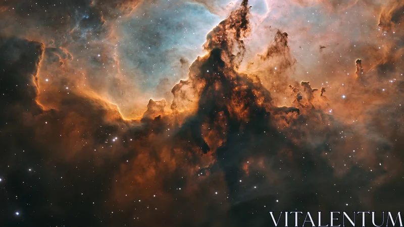 Nebula cathedral crowned in amber stormlight and newborn stars.