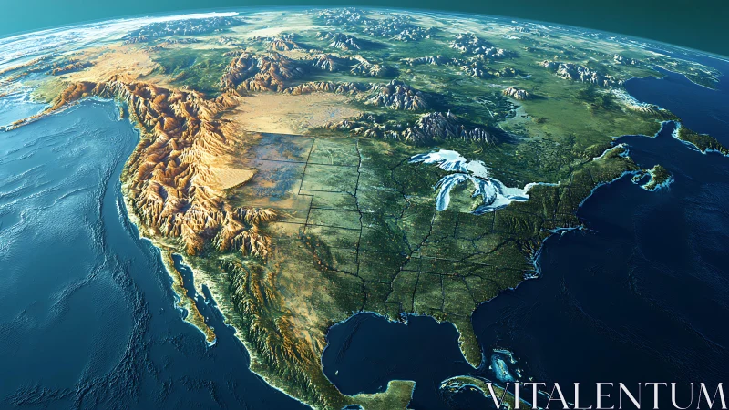 Sunlit North America rising from teal cosmic seas.