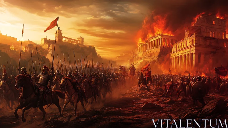 Legions advancing through a burning ancient capital at dusk.
