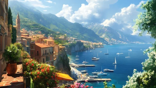 Sunlit coastal village opens onto a sparkling blue harbor