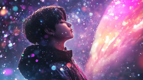 Starlit dreamer pauses in glowing cosmic snowfall night