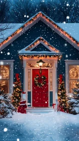 Snowy blue house with red Christmas door at dusk.