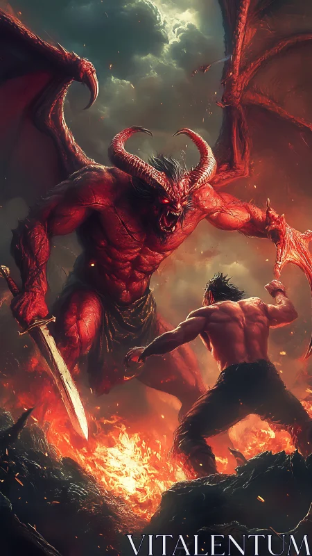 Defiant warrior stands strong before a towering fire demon.
