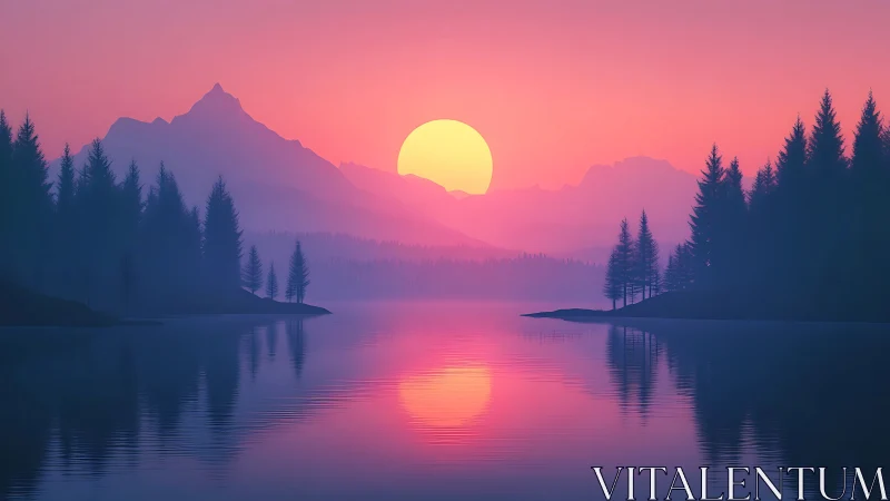 Sunset sun over misty mountains reflected in calm lake