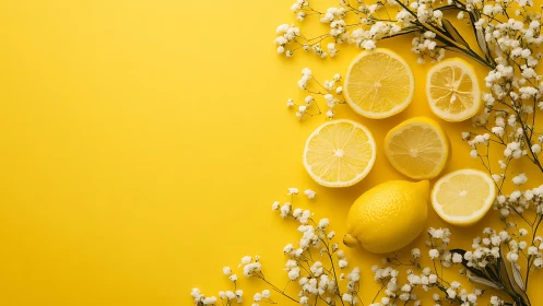 Fresh lemon halves rest amid white flowers on sunny yellow