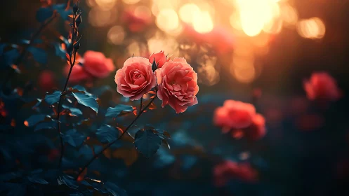 Coral Roses Illuminated by Golden Hour Bokeh.