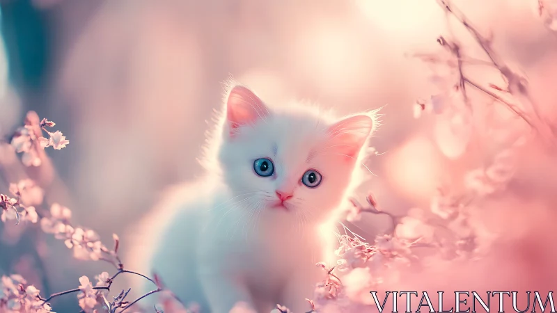 White cat with blue eyes among soft pink flowers.