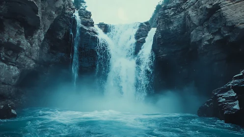 Rocky gorge waterfall with mist and cool blue water.