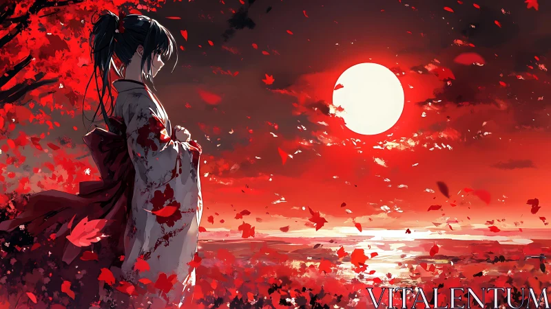 Samurai girl stands under crimson moon amid falling leaves.