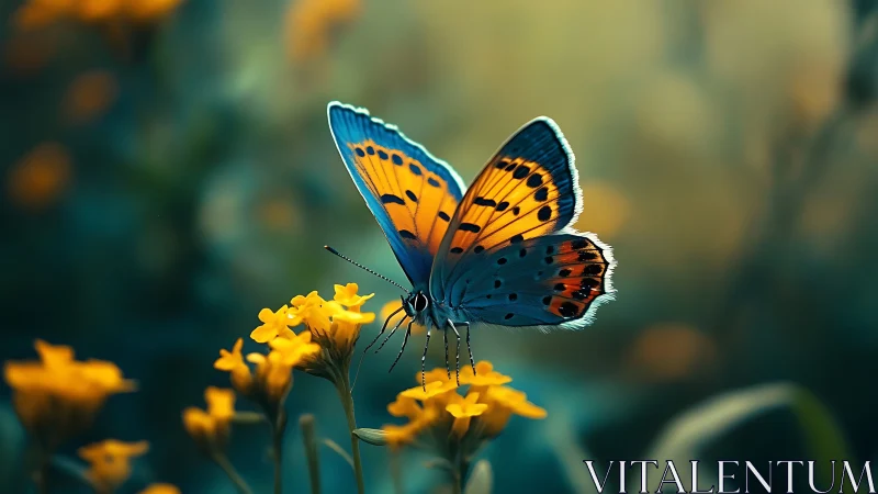 Blue and orange butterfly rests on yellow wildflowers