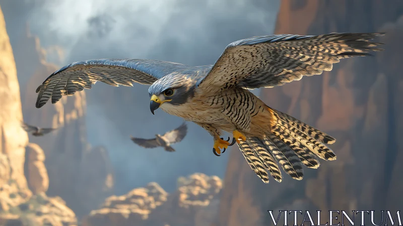 Peregrine falcon soaring over canyon landscape in photorealistic style.