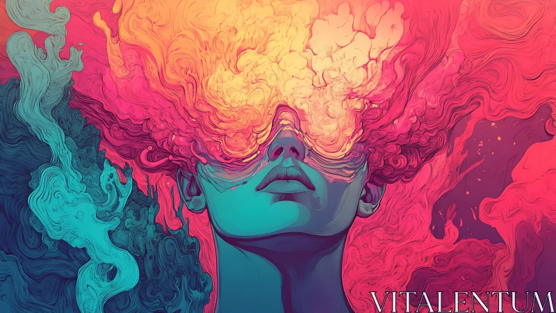 Dreamy figure bathed in swirling neon clouds of imagination.