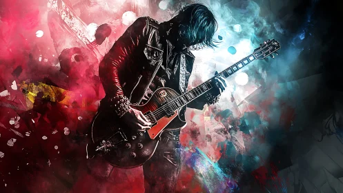 Rock guitarist bends notes amid explosive abstract color storm